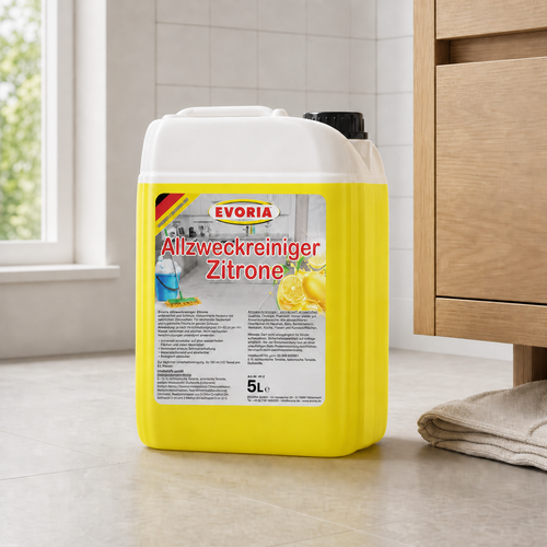 Evoria Allzweckreiniger Zitrone 5 Liter im hellen Hauswirtschaftsraum