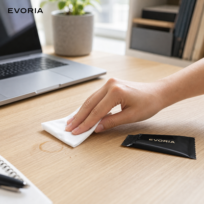 EVORIA Feuchttuch bei der Oberflächenreinigung im Büro
