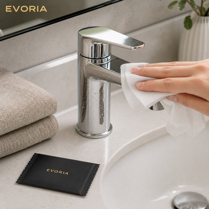 EVORIA Feuchttuch bei der Reinigung im Badezimmer
