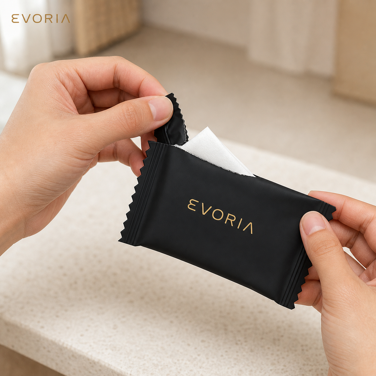 EVORIA Feuchttuch – einzeln versiegelte Packung öffnen