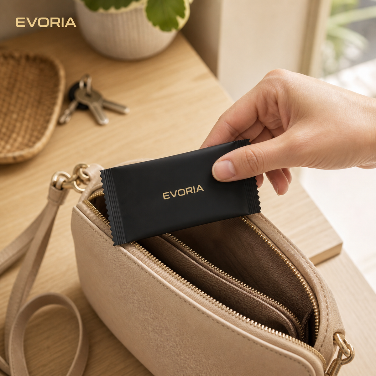 EVORIA Feuchttuch im kompakten Format für die Handtasche