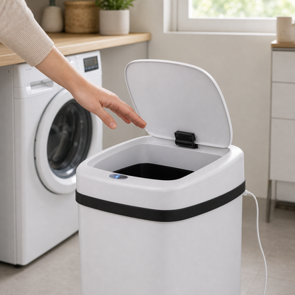 Weißer Evoria Sensormülleimer mit geöffneter Sensor-Klappe, LED-Anzeige und USB-Stromversorgung
