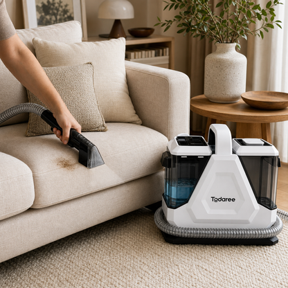Tqdaree Polsterreiniger entfernt einen Fleck aus einem Sofa