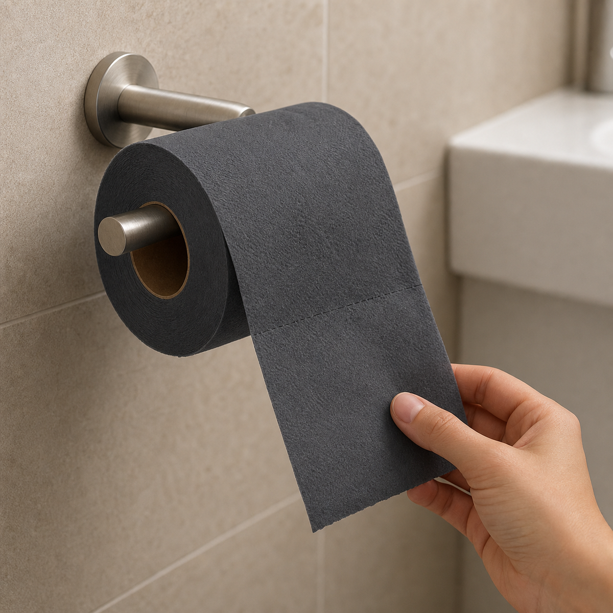 Dunkelgraues Toilettenpapier bei der Anwendung am Halter