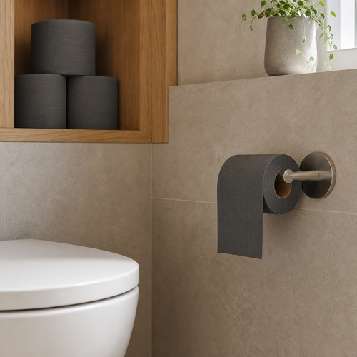 Dunkelgraues Toilettenpapier am Halter mit Ersatzrollen