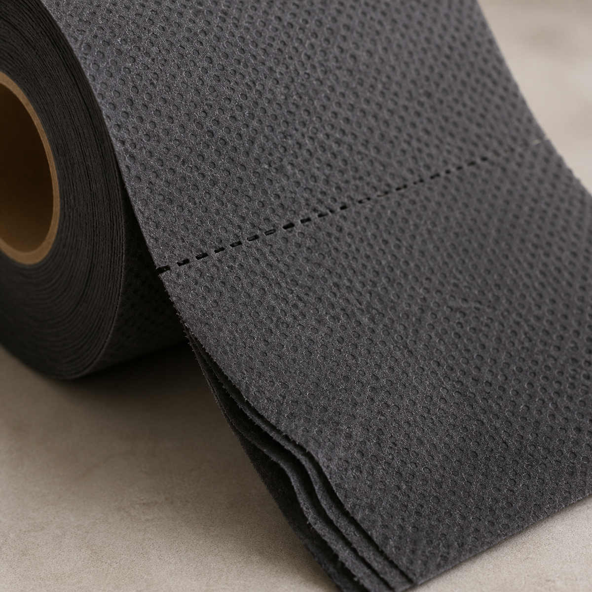 Nahaufnahme von Prägung und Perforation des dunkelgrauen Toilettenpapiers
