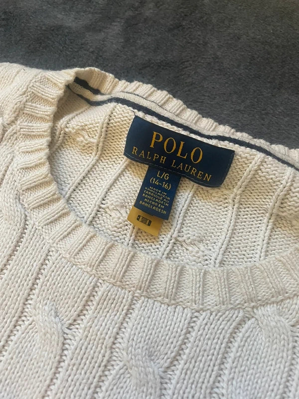 Polo Ralph Lauren Zopfmuster-Pullover – Creme – S – Fleck am Bündchen – Originalansicht 1