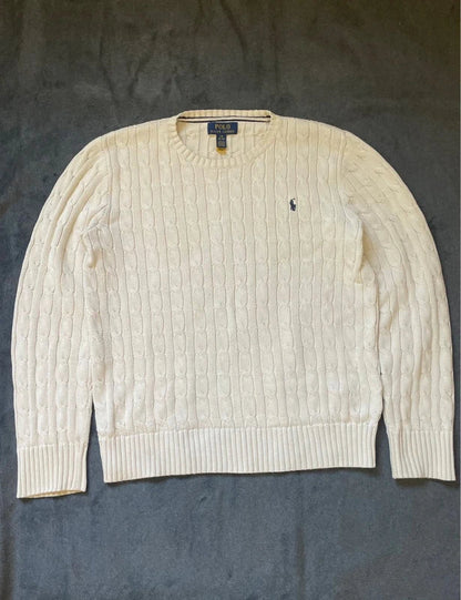 Polo Ralph Lauren Zopfmuster-Pullover – Creme – S – Fleck am Bündchen – Originalansicht 3