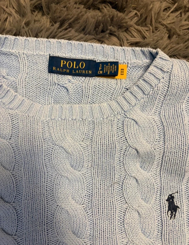 Polo Ralph Lauren Zopfmuster-Pullover – Hellgrau/Creme – S – Originalansicht 1