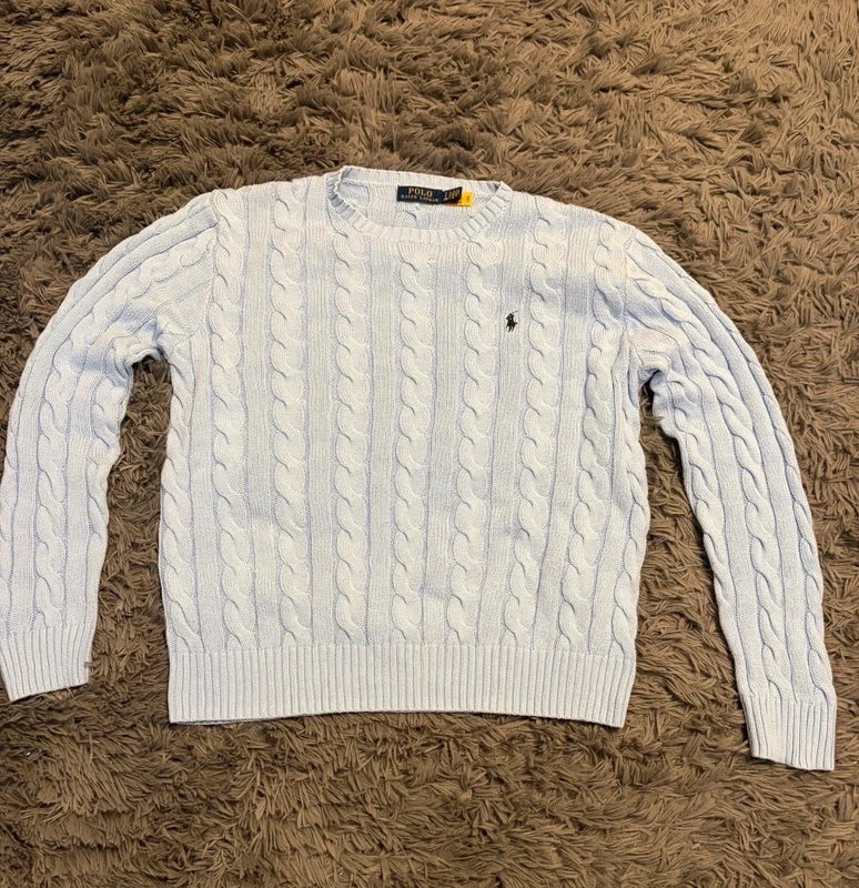 Polo Ralph Lauren Zopfmuster-Pullover – Hellgrau/Creme – S – Originalansicht 2
