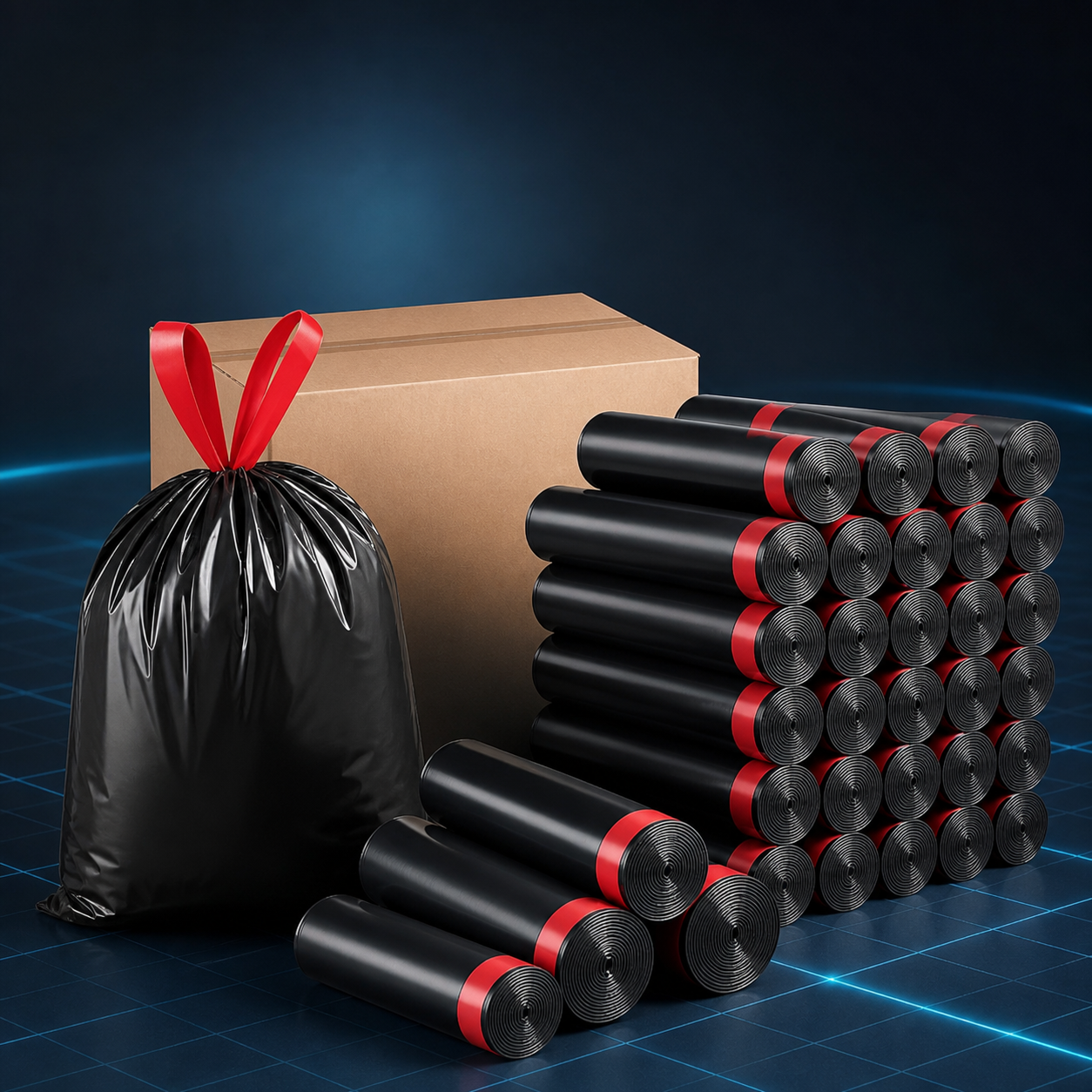 Müllbeutel mit rotem Zugband und Rollen im Vorratspack